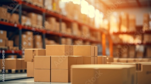 Sunlit warehouse aisles filled with neatly stacked cardboard boxes, logistics concept. © red_orange_stock