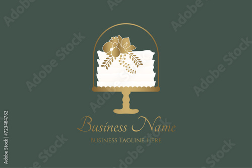 Elegant Cake Bakery Logo Design on Green Background with White and Gold Colors