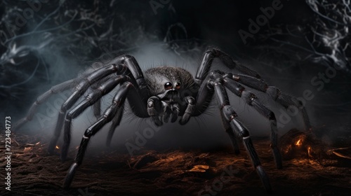 Dramatic close-up of a spider in a foggy, dark habitat with glowing ember-like spots.