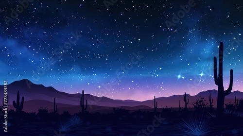 Starry night sky over a tranquil desert landscape with cacti silhouettes