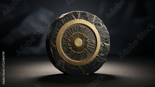 An ancient black shield with a detailed golden inlay design on a dark textured background.