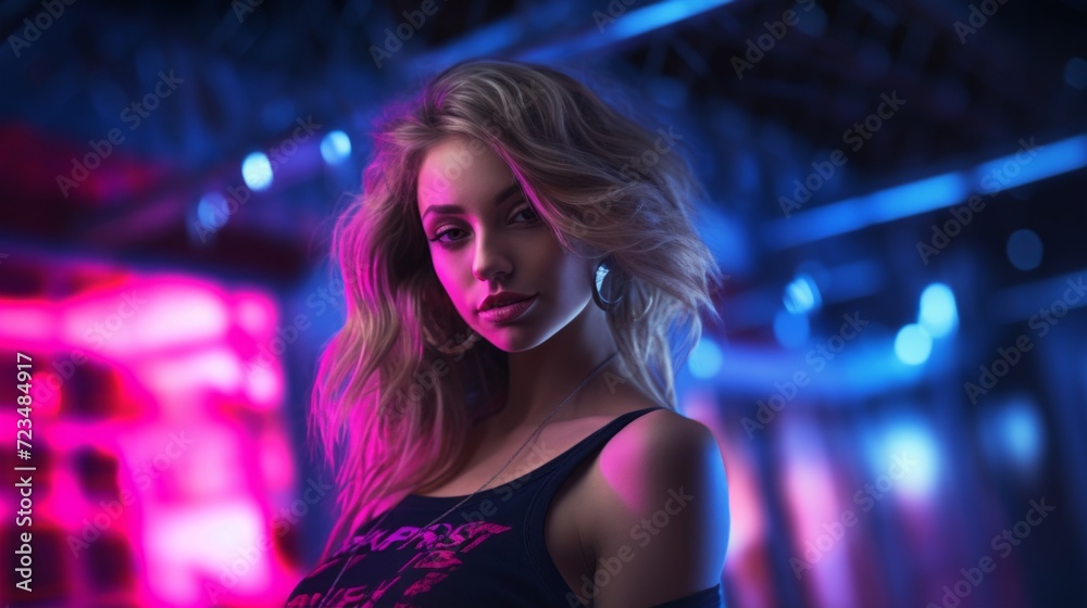 Fashionable young female posing with striking neon lights at a night club.