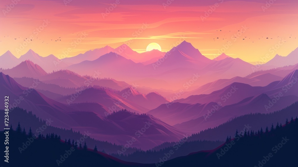 Vector illustration of a mountain landscape at sunset, with rolling hills, towering peaks, and a diverse ecosystem, serene and majestic