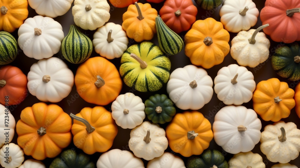 Assorted pumpkins and gourds in a full frame overhead shot, symbolizing fall harvest. Assorted pumpkins and gourds in a full frame overhead shot, symbolizing fall harvest.