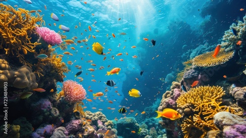 Underwater coral reef teeming with colorful fish and marine life © Sumalee