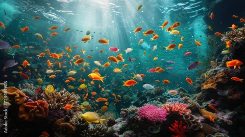 Underwater coral reef teeming with colorful fish and marine life photo
