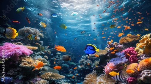 Underwater coral reef teeming with colorful fish and marine life © Sumalee