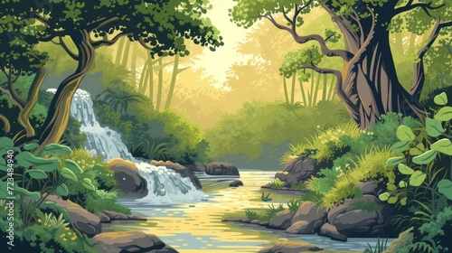 Vector illustration of a serene forest scene with intricate trees  flowing streams  and diverse wildlife  highlighting the beauty of organic forms