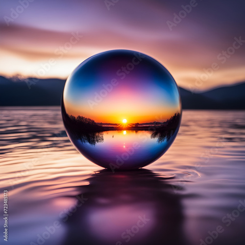 glass sphere on the beach at sunset