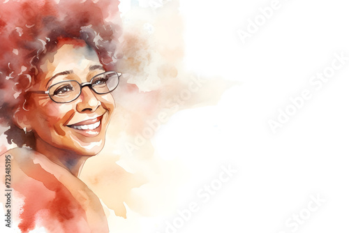 Watercolor smiling old black woman grandma with curly hair and glasses portrait painting background
