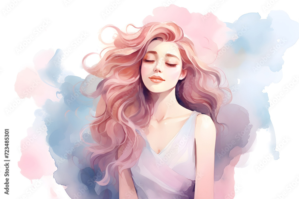 Watercolor sexy attractive young woman with closed eyes and long hair in pastel pink purple tone background Watercolor sexy attractive young woman with closed eyes and long hair in pastel pink purple tone background