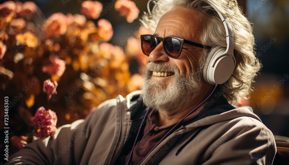 A cheerful senior man enjoying nature, listening with headphones generated by AI