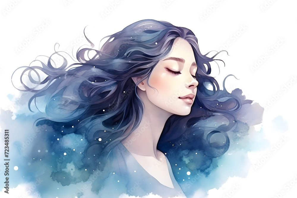 Watercolor young girl portrait with galaxy blue hair and closed eyes for fashion beauty background design