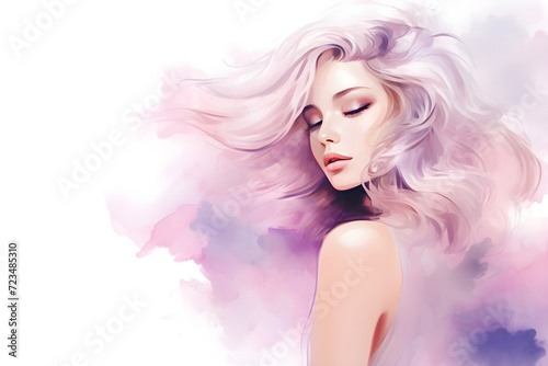 Watercolor portrait of a young girl with pastel purple hairstyle and closed eyes painting background