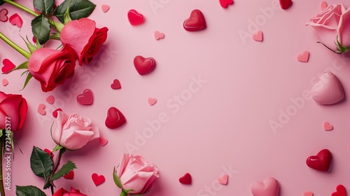 Romantic Valentine's Day Concept with Red and Pink Roses and Heart-Shaped Petals on a Pink Textured Background. With Copy Space for Text or Logo