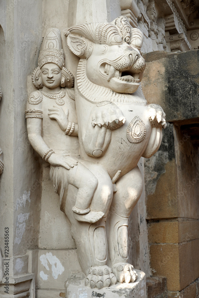 Sandstone sculpture of Hindu God with Lion carved in the walls of ancient Kanchi Kailasanathar temple in Kanchipuram, Tamilnadu.