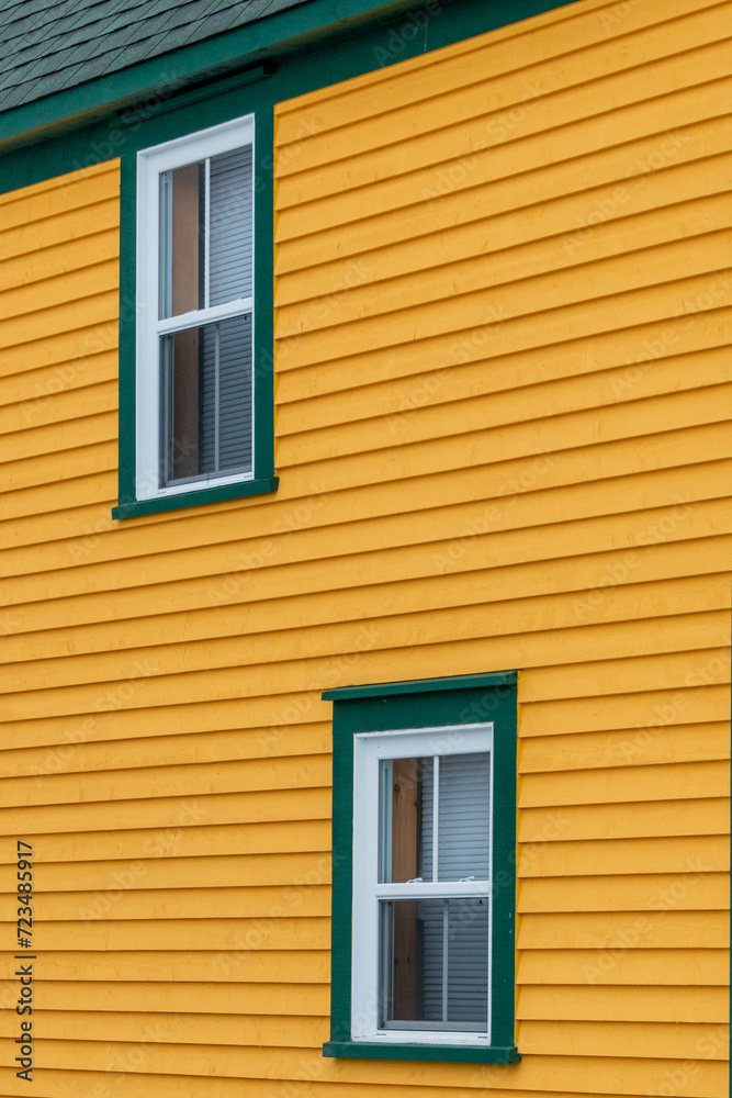 The exterior wall of a vibrant yellow wooden country house with two double hung windows with white curtains. The trim is dark green and white. The cape cod siding is horizontal wooden boards.
