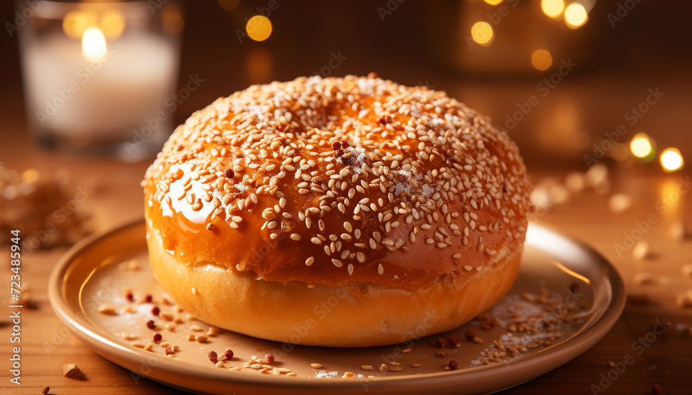 Freshly baked bread on a wooden table, a delicious meal generated by AI Freshly baked bread on a wooden table, a delicious meal generated by AI