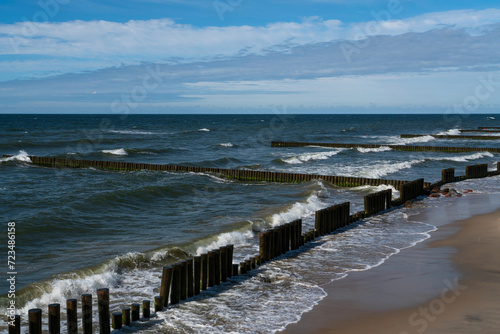 View of the Baltic Sea and wooden breakwaters of the city beach on a summer day  Svetlogorsk  Kaliningrad region  Russia