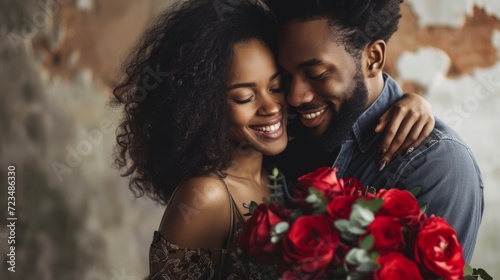 a cute beautiful black african american couple cuddling hugging and kissing each other on a romantic day at valentines day 14th february. wallpaper background