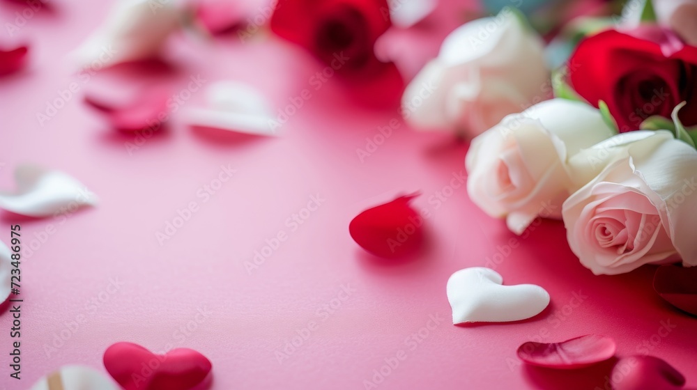 Romantic Roses and Hearts: Soft White and Red Roses with Tender Heart Shapes on a Pink Surface With Copy Space for Text or Logo Romantic Roses and Hearts: Soft White and Red Roses with Tender Heart Shapes on a Pink Surface With Copy Space for Text or Logo