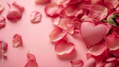 Valentine's Day Serenity: Soft Pink Rose Petals and Heart on Calm Pink Backdrop With Copy Space for Text or Logo
