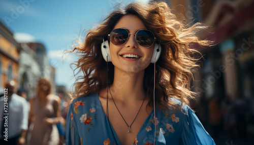 Young woman enjoying the summer outdoors, smiling with sunglasses on generated by AI
