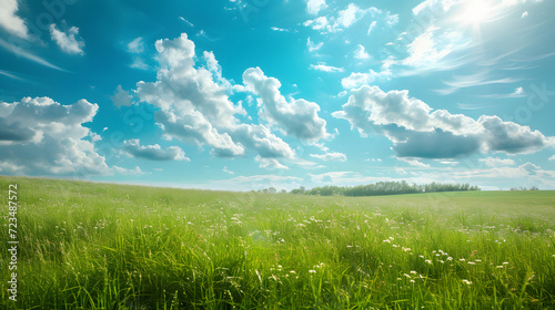 Illustration background  Beautiful grassy fields and summer blue sky with fluffy white clouds in the wind