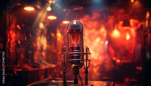 Nightclub stage illuminated with shiny lighting equipment, musicians performing rock music generated by AI