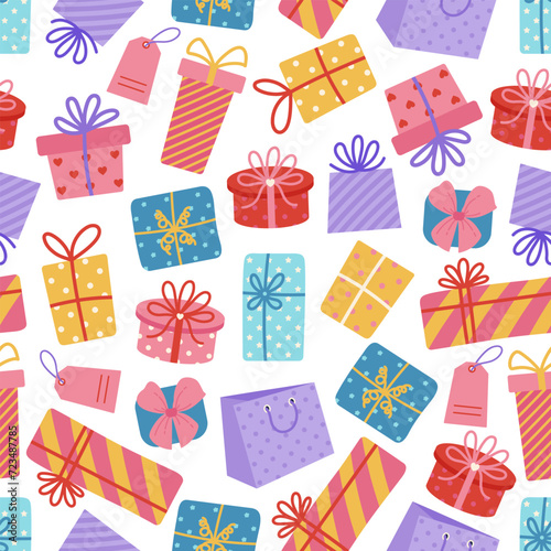 Gift boxes seamless vector pattern. Colorful presents with ribbon, bow. Containers with stripes, polka dots. Surprise for a party, birthday, anniversary. Wrapped holiday prizes. Cartoon background