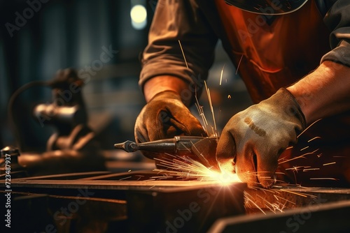 Close-up of the hands of a worker who welds with a grinder. Metal welder working with arc welding machine to weld steel at factory while wearing safety equipment. labor concept.