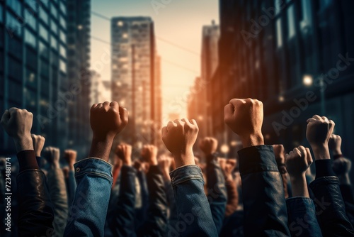 Group of people with raised hands in the city. people protests in the street with raised fist. Protesters leading a demonstration for peace. Protests in Solidarity. © Jahan Mirovi
