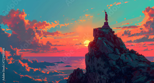 an illustration of a statue on top of a mountain with sunset
