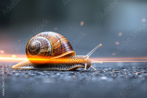 A snail that fast runs in blur background .generative AI © Phichitpon