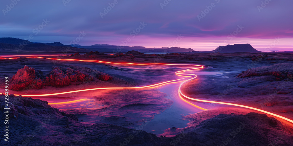 Majestic natural scenery with vibrant energy lines