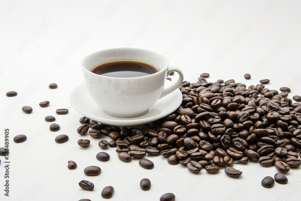 Hot coffee in white cup with coffee beans. white background. generate ai Hot coffee in white cup with coffee beans. white background. generate ai