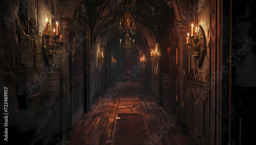 an old wooden hallway through a dark castle