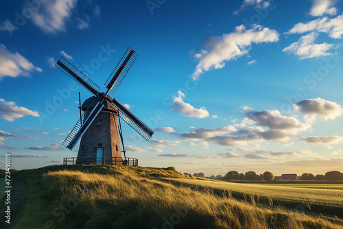 Generative AI Image of Windmill on the Dutch Tower Building in the Meadow