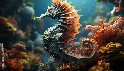 A whimsical seahorse swimming in the ocean depths