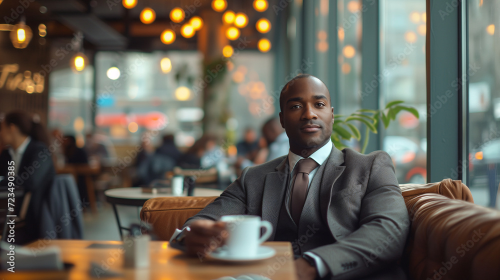 A serene, well-dressed African American businessman enjoys a moment of tranquility with a cup of coffee in a bustling city café environment. A serene, well-dressed African American businessman enjoys a moment of tranquility with a cup of coffee in a bustling city café environment.