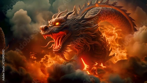Monster dragon flame mythology with traditional burned bursts, fantasy scene, chinese new year dragon in the fire 4k animation. photo