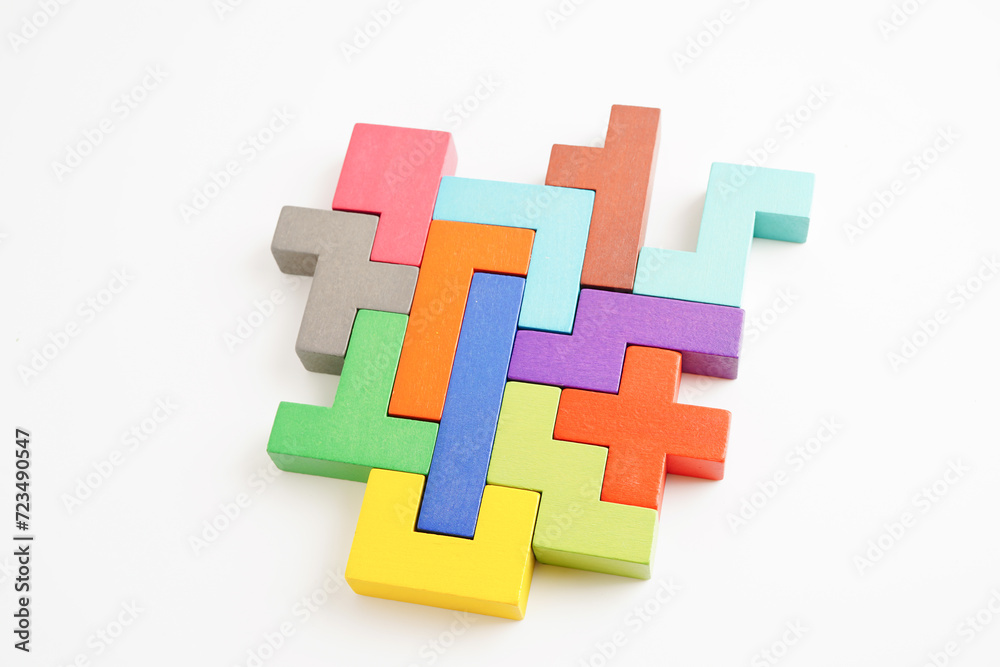 Logical thinking and problem solving problem solution creative business concept, wooden puzzle geometric block shape. Logical thinking and problem solving problem solution creative business concept, wooden puzzle geometric block shape.