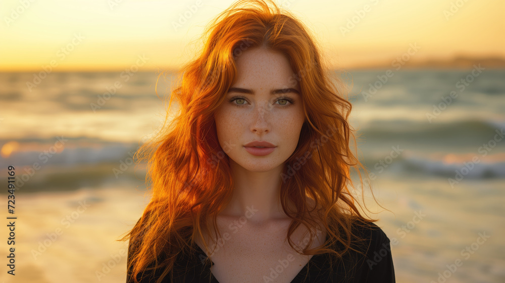 A portrait of a young woman with vibrant red hair and a serene expression, standing before a stunning sunset on the beach.