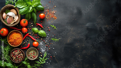 A selection of fresh herbs, spices, and ripe tomatoes arranged on a dark, rustic kitchen countertop, perfect for culinary creations.