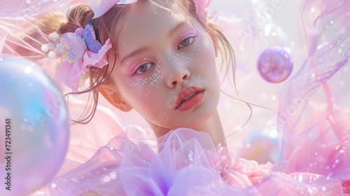 A magical portrait of a young girl with sparkling glitter makeup, surrounded by butterflies and soft pastel tones.