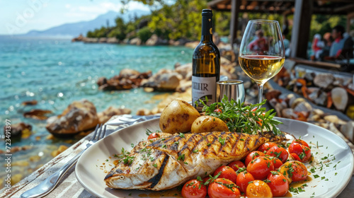 A sumptuous meal of grilled fish, roasted potatoes, and cherry tomatoes, paired with a glass of white wine by the sea, evokes the essence of coastal cuisine.