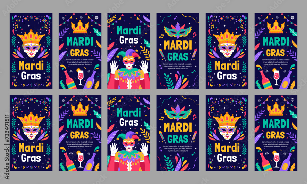 happy mardi gras carnival social media stories vector flat design