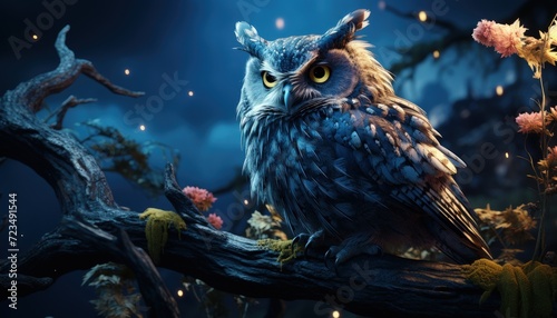 A wise old owl perched in a moonlit night photo