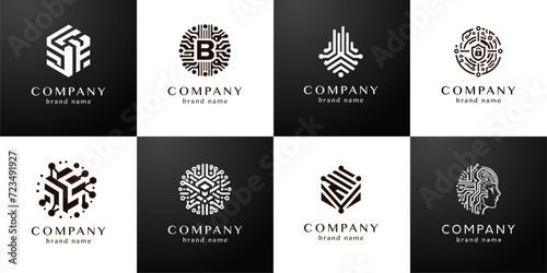 Stylish flat Minimalistic Logo Design Collection: Modern Digital Graphic Elements with Geometric Shapes in Black and White for Artificial Intelligence and Smart Computer Technology in vector