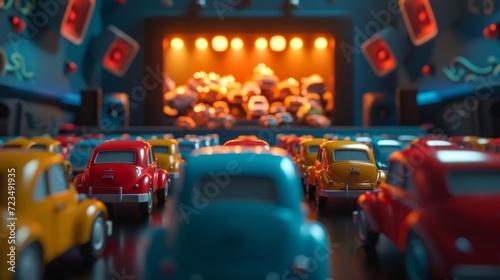Cartoon scene A tiny dri movie theater filled with pintsized cars and audience members their miniature speakers blaring with the sound of the latest blockbuster photo